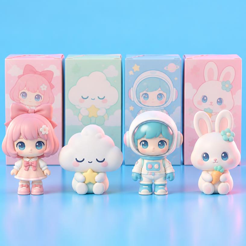Designer vinyl blind box figures beside their sealed boxes