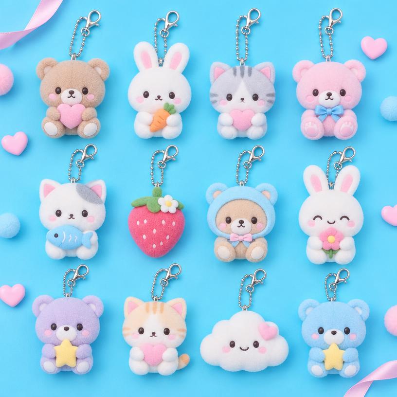 Kawaii plush keychain charms arranged in a grid