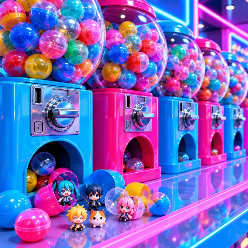 Capsule toy machines packed with colourful gachapon capsules