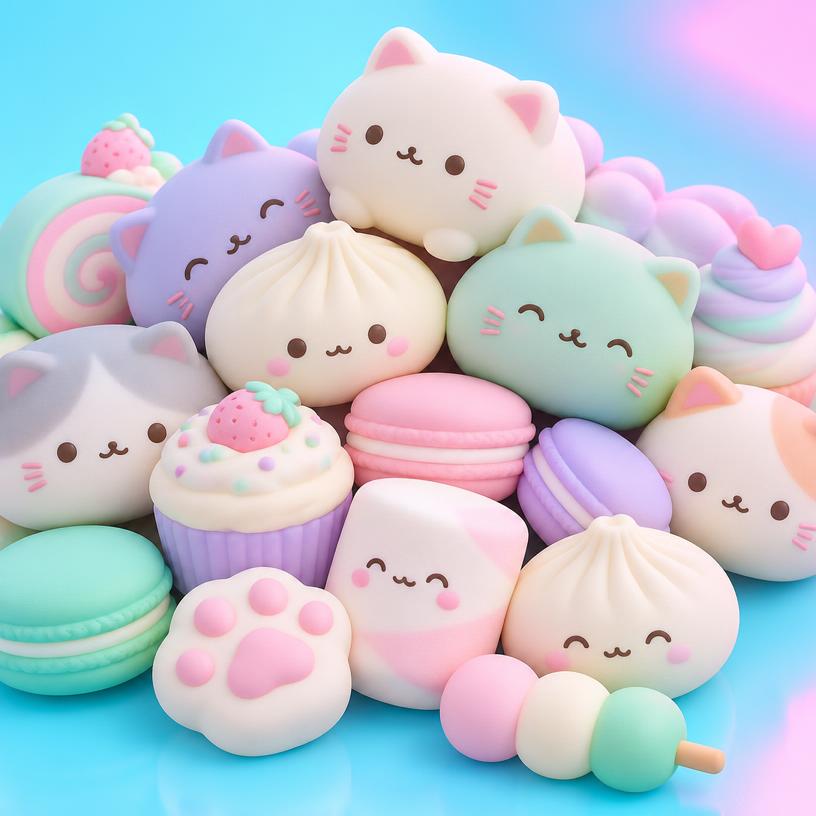 Pile of pastel mochi squishy toys
